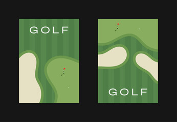 Golf poster design with golf course illustration. Golf course illustration with putting green and bunker sand traps. Golf background for poster, invitation, flyer. 