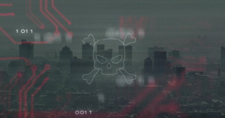 Displaying skull-and-crossbones hovering over city skyline, with red circuits and binary code