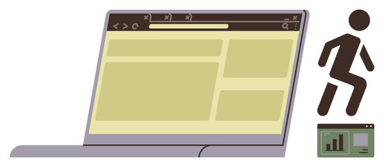 Open laptop interface with browser windows, person icon jumping, and mini data visualization. Ideal for technology, growth, progress, data tracking, personal development, digital goals simple flat