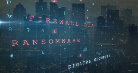 Displaying red RANSOMWARE text spanning urban skyline at dusk, with translucent grid and code