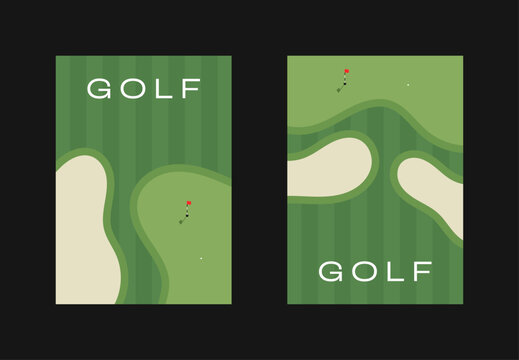 Golf poster design with golf course illustration. Golf course illustration with putting green and bunker sand traps. Golf background for poster, invitation, flyer. 