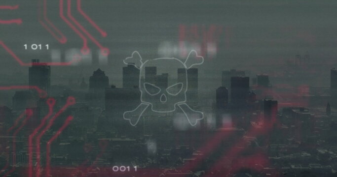 Displaying skull-and-crossbones hovering over city skyline, with red circuits and binary code - Powered by Adobe