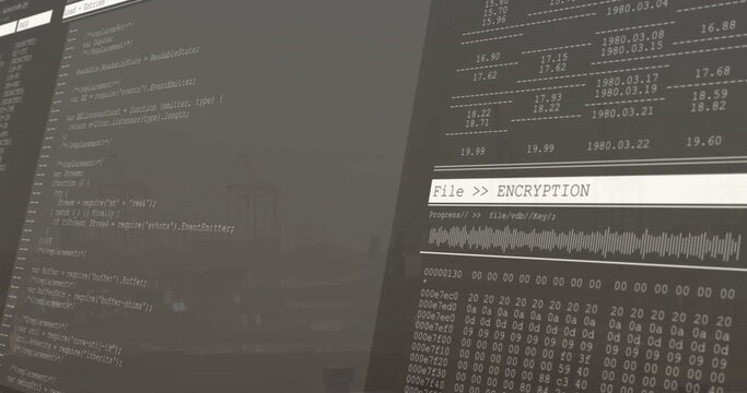 Dual monitors displaying File  ENCRYPTION code, data table, hex dump in office, with progress bar