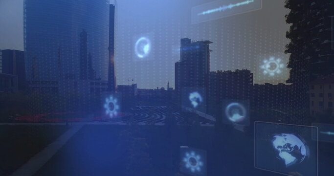 Displaying city skyline in urban plaza at dusk, featuring glowing cogwheels, waveform and globe map