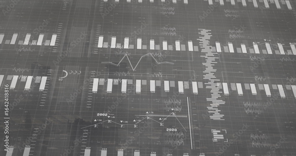 Poster displaying digital analytics dashboard on grid backdrop, with vertical bar charts and line graphs