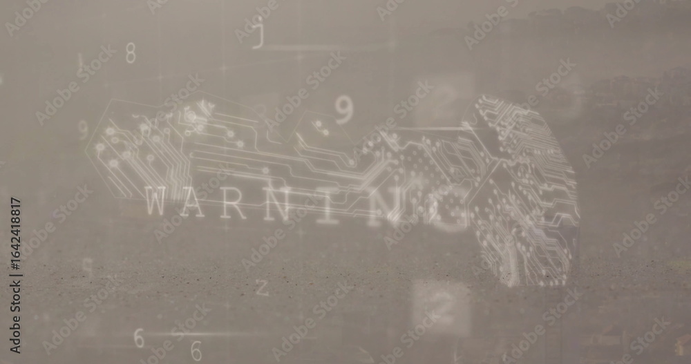 Poster Hovering circuit board pattern warning graphic over dusty terrain, with floating numeric characters