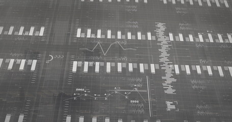 Displaying digital analytics dashboard on grid backdrop, with vertical bar charts and line graphs
