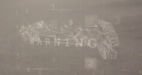 Hovering circuit board pattern warning graphic over dusty terrain, with floating numeric characters