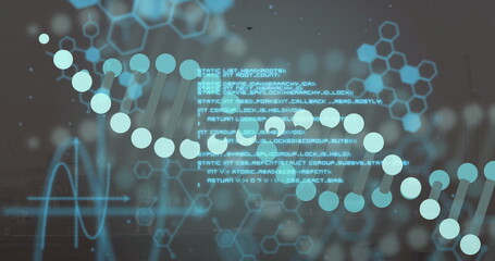 Showcasing DNA double helix at interface, with code text, hexagon outlines and waveform line