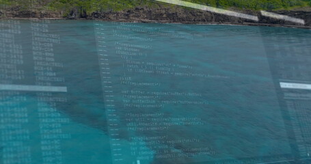 Overlaying translucent programming code over coastal seascape, with stream and buffer modules