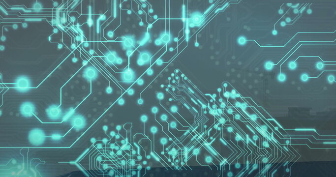Showing glowing cyan circuit covering digital interface, with circular nodes and grid traces - Powered by Adobe
