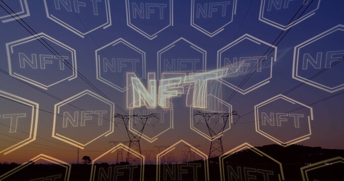Displaying holographic NFT text floating over rural dusk transmission lines, highlighting pylons