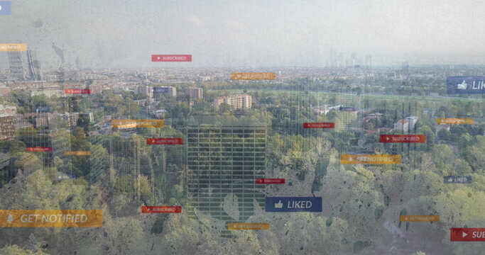 Floating notification overlays drifting over leafy apartment rooftops, through rain-spattered glass