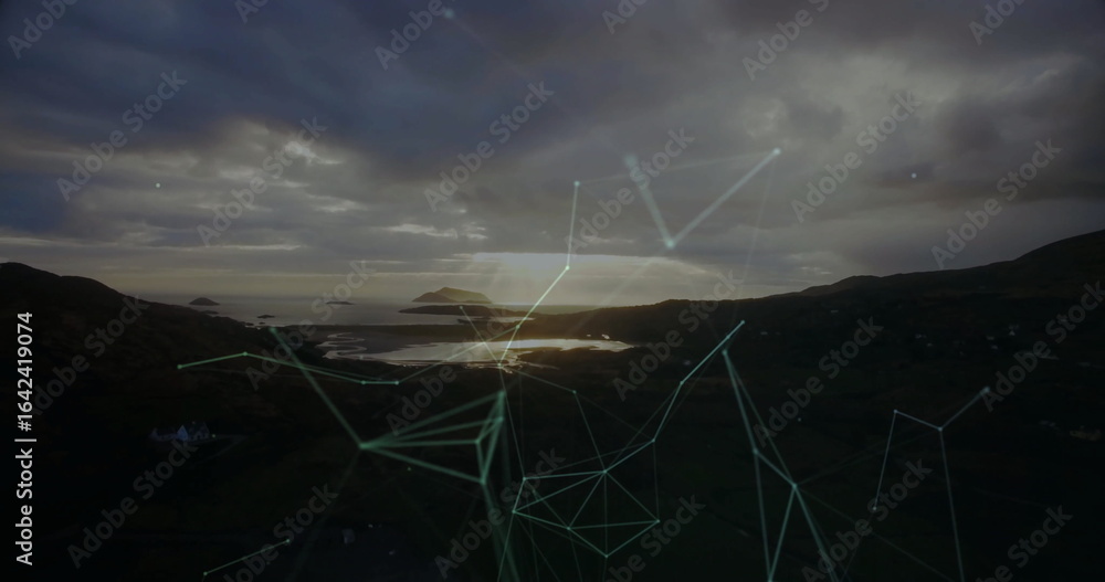 Poster displaying distant island reflecting on calm inlet water at dusk, with network lines and nodes
