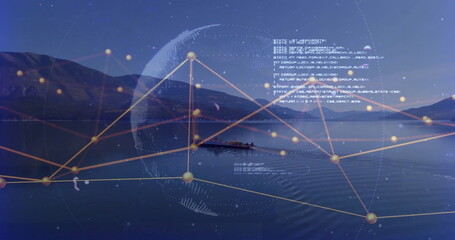 Gliding rowing team wearing life vests across mountain lake at twilight, with data network overlay