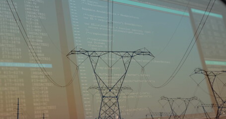 Showcasing high-voltage tower silhouette in rural field at dusk, with power lines and code overlay