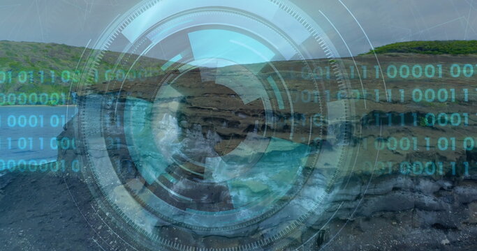 Fototapeta Displaying circular digital interface overlay floating above rocky inlet, with binary code streams