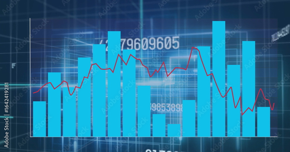 Poster displaying composite data chart on dashboard, with blue bars, red line, floating numbers, 3d grid