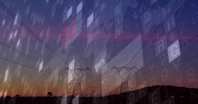 Showing electricity towers and power lines stretching across rural horizon, with digital overlays