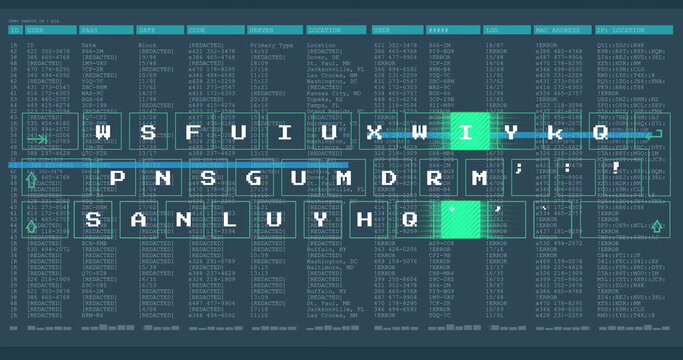 Displaying keyboard overlay highlighting keys with upward arrows on data interface, cyber theme
