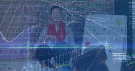 Presenting senior instructor explaining financial data in office, with flipchart and code overlays