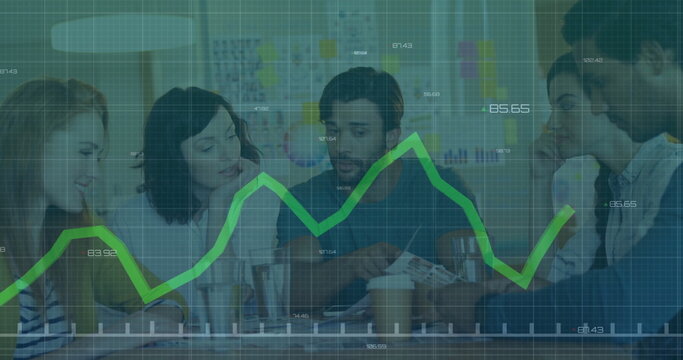 Five professionals wearing business casual working at office table, with charts and data overlay - Powered by Adobe