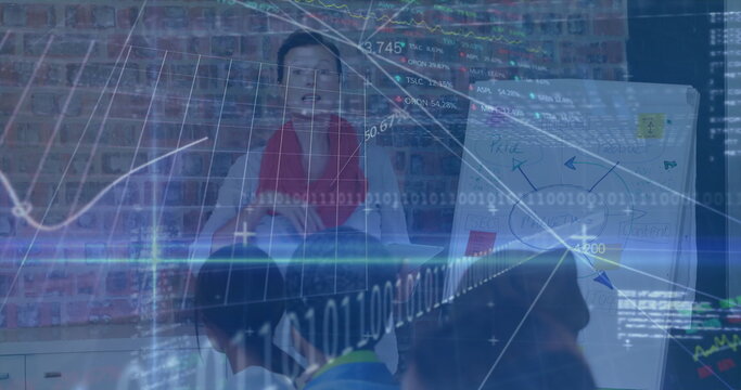 Presenting senior instructor explaining financial data in office, with flipchart and code overlays - Powered by Adobe