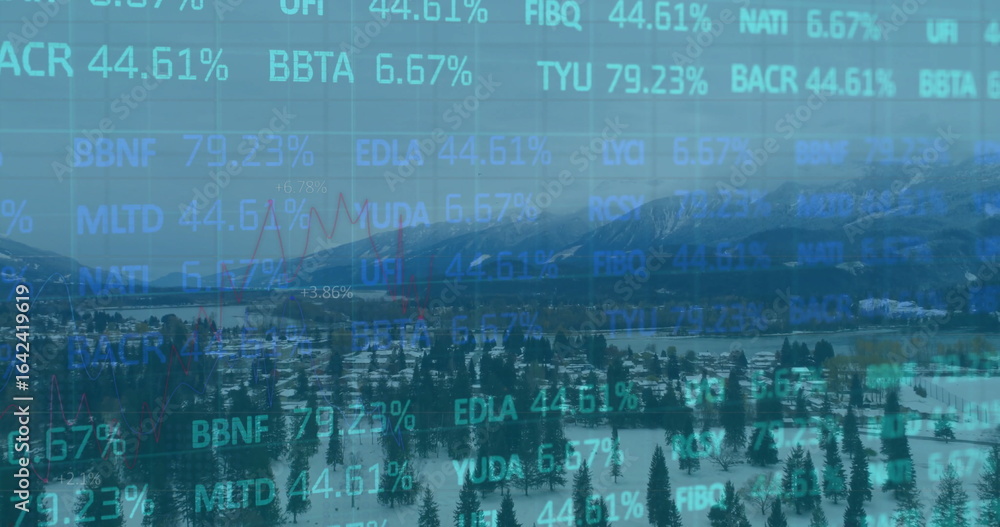 Poster displaying stock data overlaying snowy pines and frozen lake in alps, with tickers, line chart