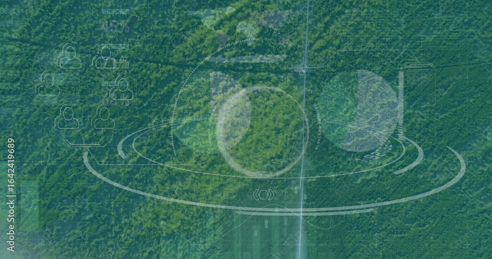Poster displaying dense forest canopy from drone view showing translucent ui elements and central rings