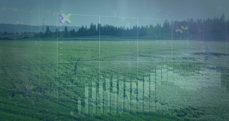 Displaying digital overlay with bar charts, line graphs and numeric labels over green crop rows