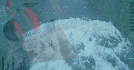 Cascading waterfall dropping over cliff into river in forest with pie chart and bar graph overlays