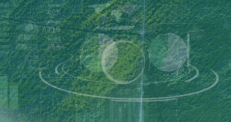 Displaying dense forest canopy from drone view showing translucent UI elements and central rings
