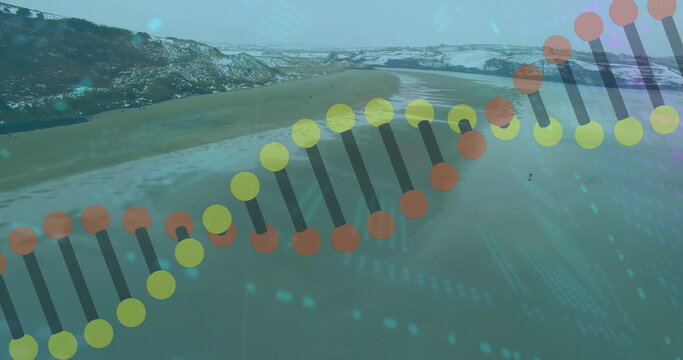 Floating stylized DNA double helix above snowy beach with colored circles and data overlays