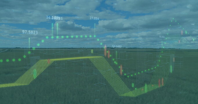 Fototapeta Displaying 3D chart overlaying grassland, with wireframes, trend lines, candlesticks and labels
