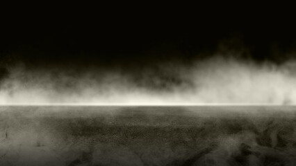 Black background with smoke and steam. The smoke is thick and dark, and the steam is rising from the ground. Dramatic smoke or fog effect. Mockup. Copy Space. Wallpaper or Halloween background