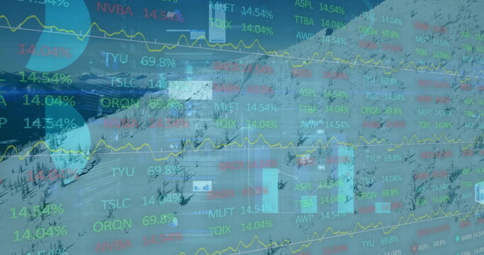 Displaying financial overlay covering snowy slope, with trend lines, pie chart and ticker symbols
