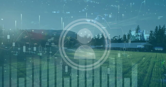 Displaying central user icon floating over farm field, with bar, line and candlestick overlays