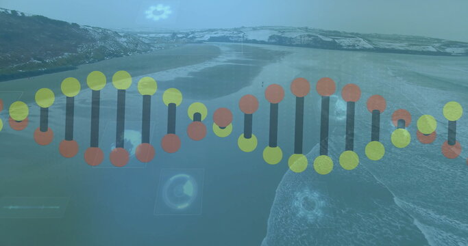 Fototapeta Floating semi-transparent DNA double helix overlaying shoreline at low tide, with molecular icons