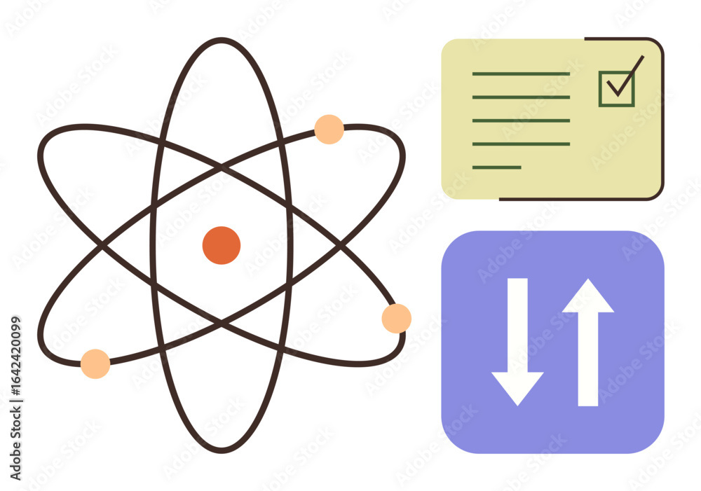 Poster atom model with orbiting electrons, a checklist with approval mark, and up-down arrows representing 