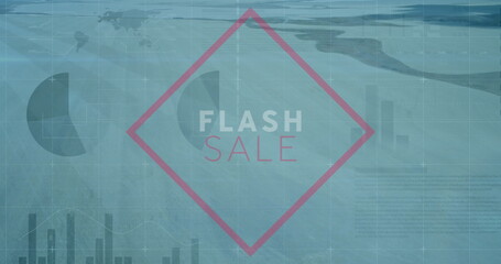 Displaying pink diamond outline showing FLASH SALE in promo graphic with data charts and grid lines