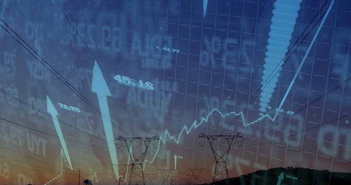 Displaying steel towers and power lines rising over dusk rural hillside, with grid, arrows, graph