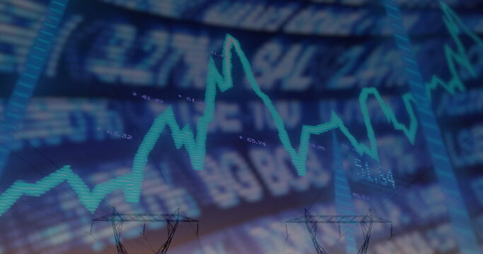 Displaying green fluctuating line chart with numeric ticker on screen and power tower silhouettes - Powered by Adobe