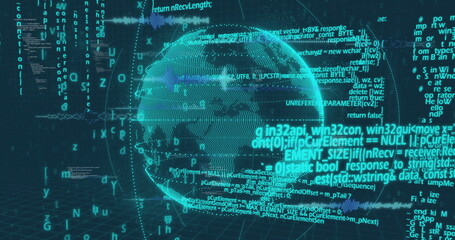 Displaying holographic wireframe globe rotating in abstract data visualization, with code fragments