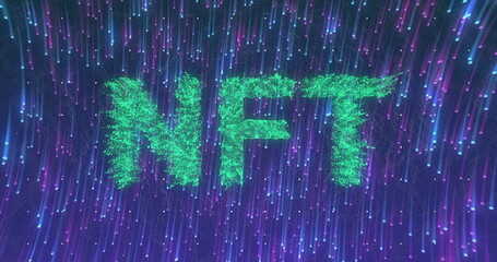 Glowing green letters NFT shining in virtual art space, with cascading purple blue light streaks