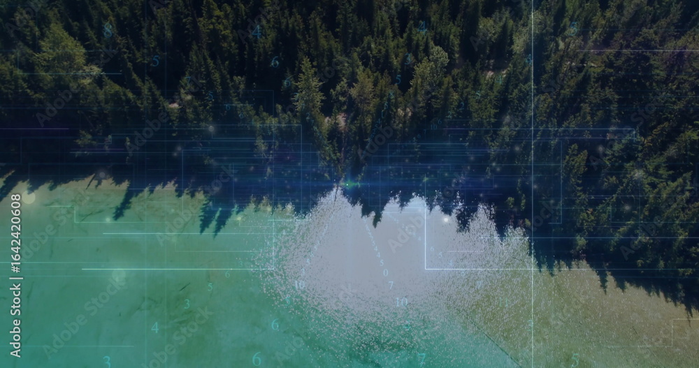 Aufkleber evergreen forest meeting turquoise lake in remote aerial view, with grid and binary code overlay