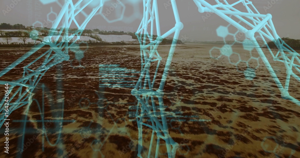 Poster displaying blue network lattice overlaying tidal flat by river, with hexagonal molecular overlays