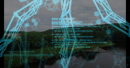 Displaying 3D blue wireframe network overlaying river valley, with teal code and chemical motifs