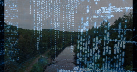 Flowing winding river carrying holographic code overlay from drone above dense forest valley