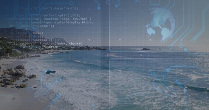 Displaying shoreline with waves rolling onto sandy beach in sun, with code overlays, glowing globe - Powered by Adobe
