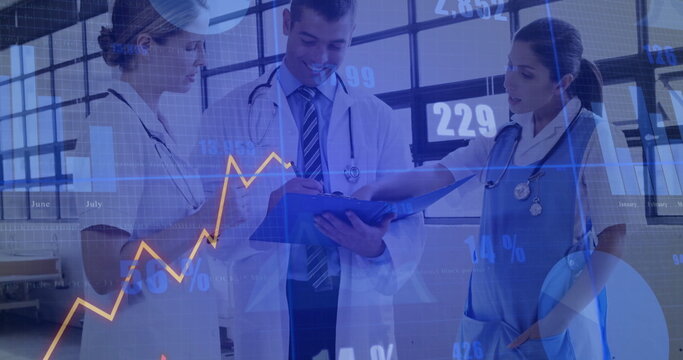 Reviewing medical team examining patient data in hospital ward, with clipboard and charts overlay - Powered by Adobe